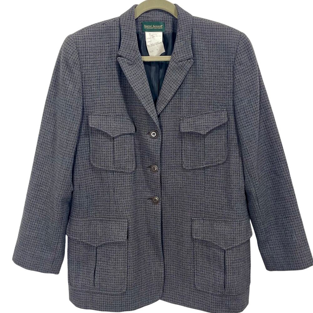 Vintage 80s Harve Bernard Wool Blazer Houndstooth Academia Size 8 Elbow Patch